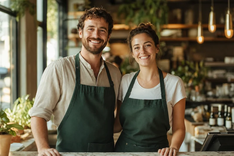 Two restaurant owners smiling in their dining room